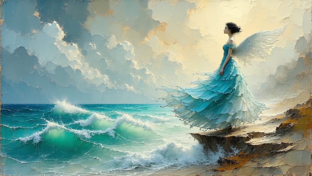 Angelic Figure Amidst Turbulent Ocean Waves