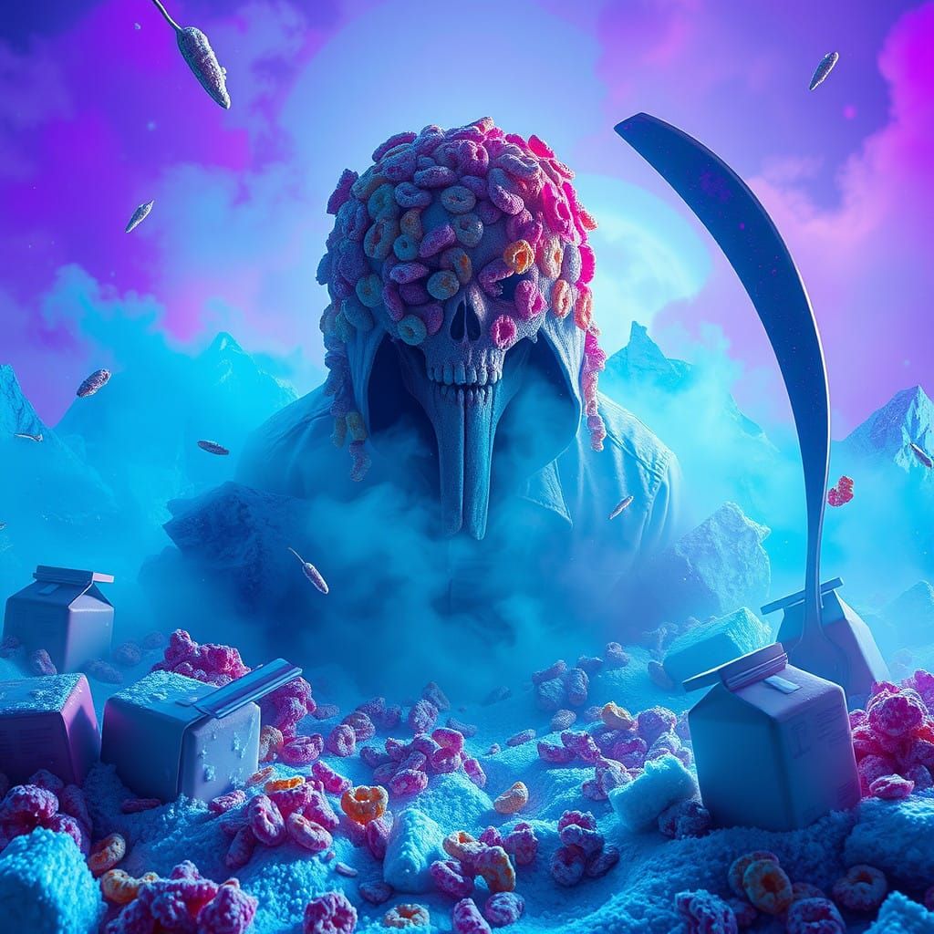 Surreal Cereal Killer in Icy Dreamscape with Pop-Art Colors