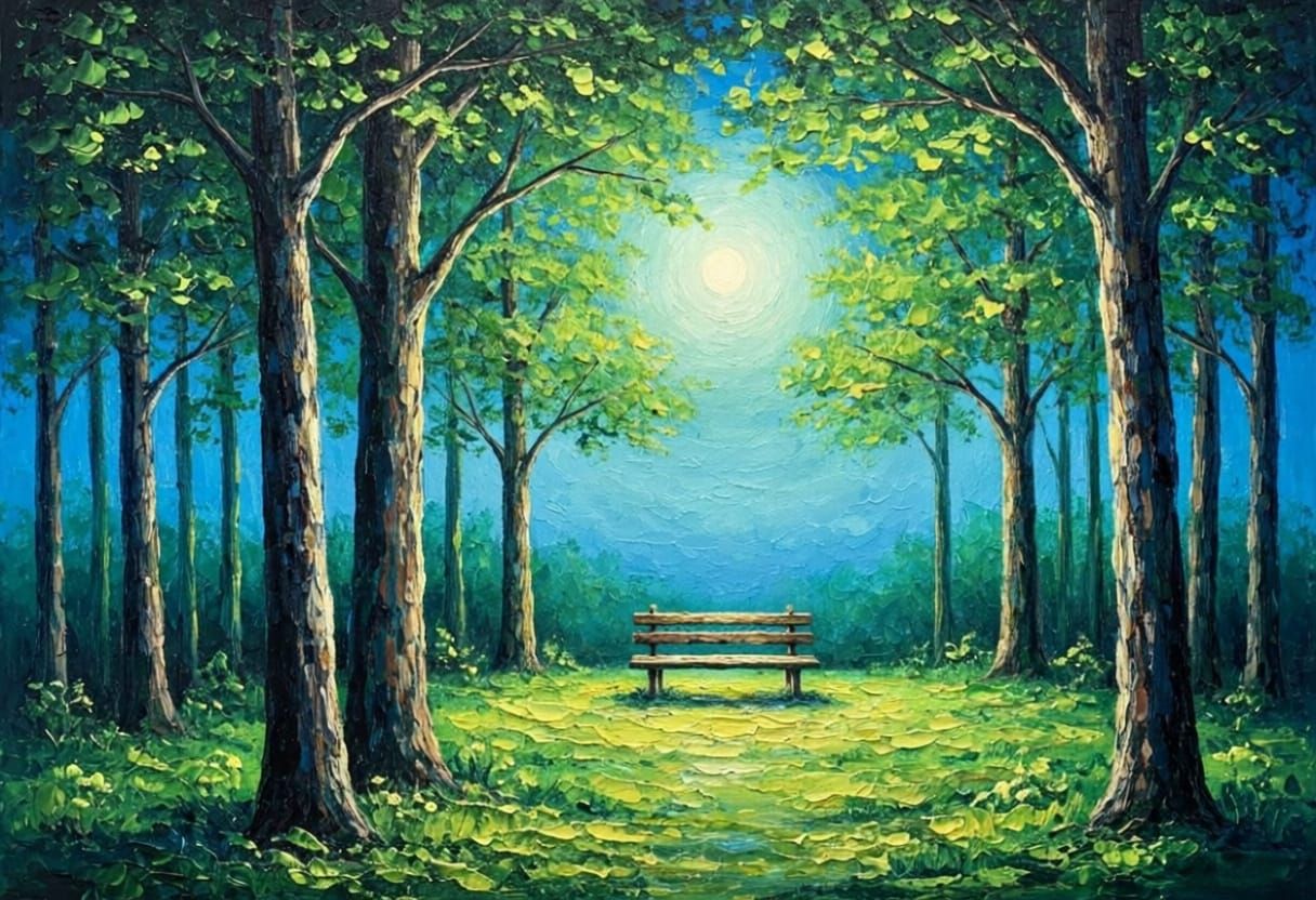 Moonlit Forest Bench Oil Painting