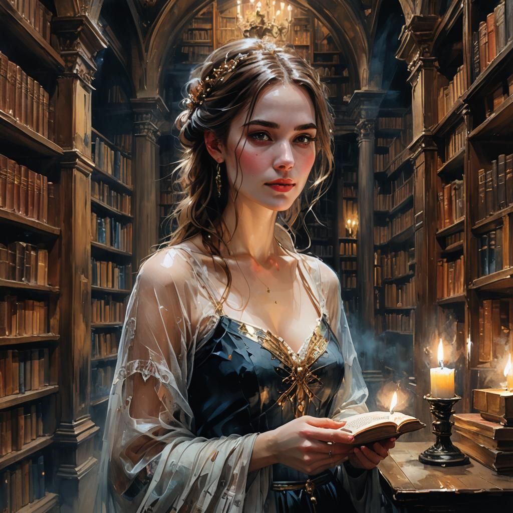 Princess Visits Ancient Library at Night, Alcohol Ink