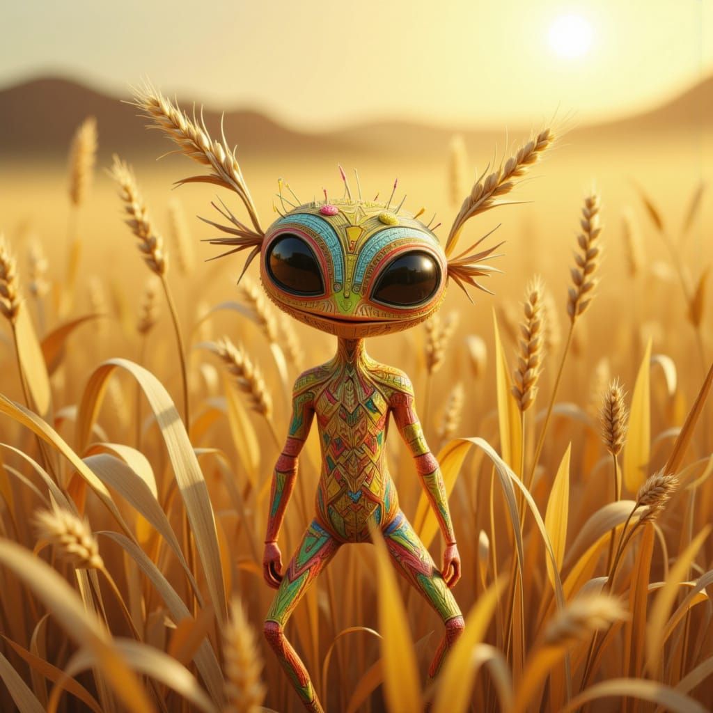 Whimsical Straw Alien in Monet-Inspired Wheat Field