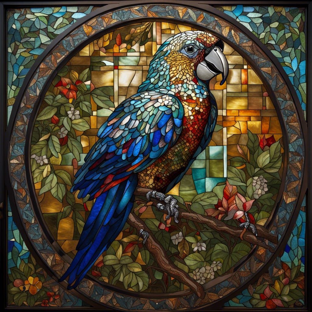 Stained Glass Parrot Mosaic in Hypermaximalist Style