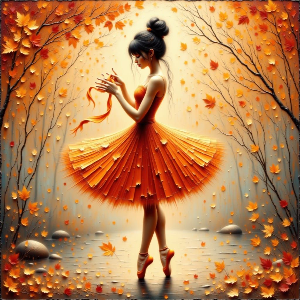 Autumn ballerina with orange pointe shoes holding transparen...