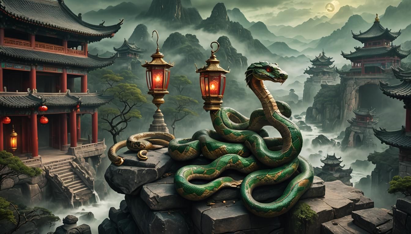 Majestic Snake in Chinese Architecture, Matte Painting