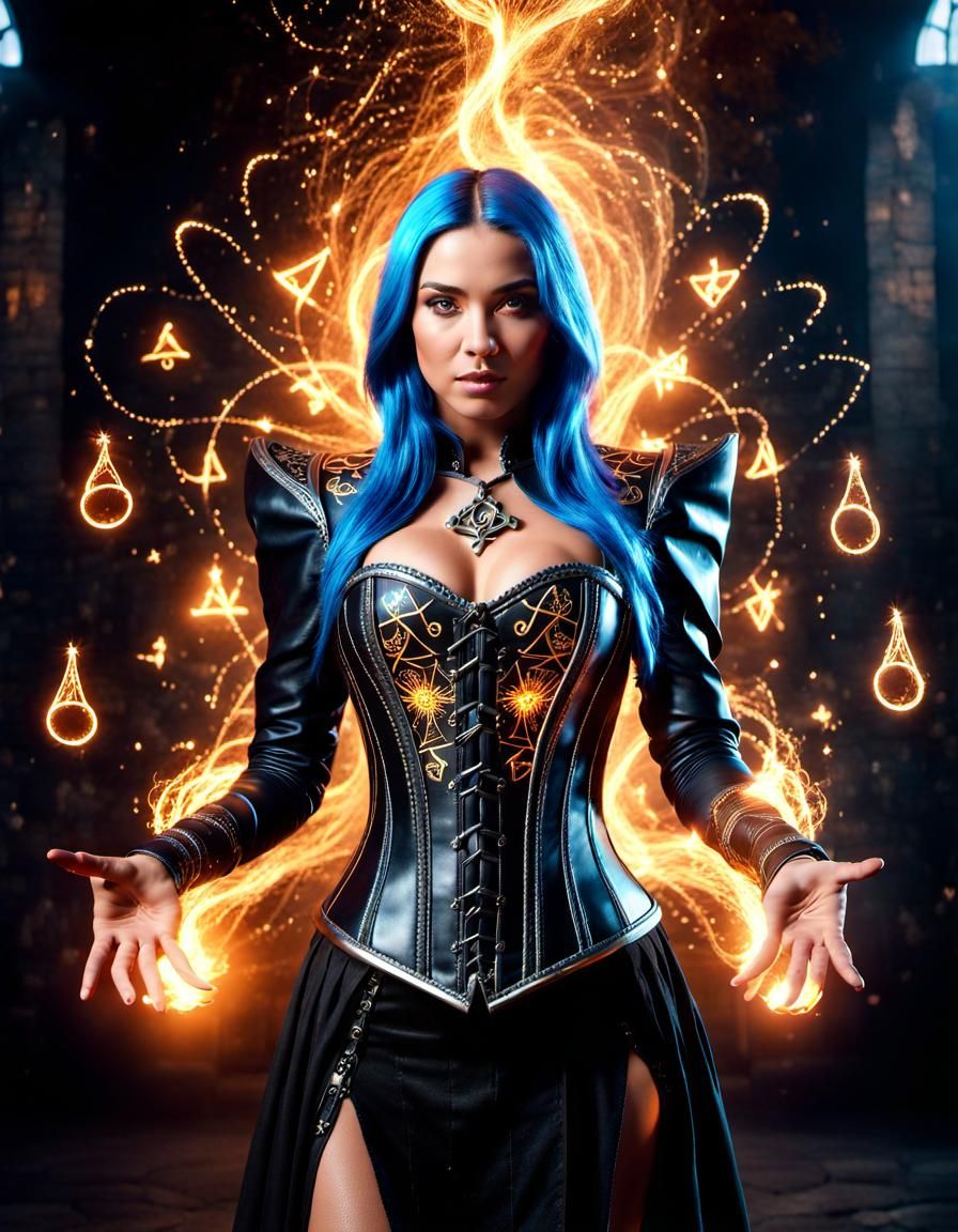 Female Wizard Unleashing Magic, Photorealistic Digital Art