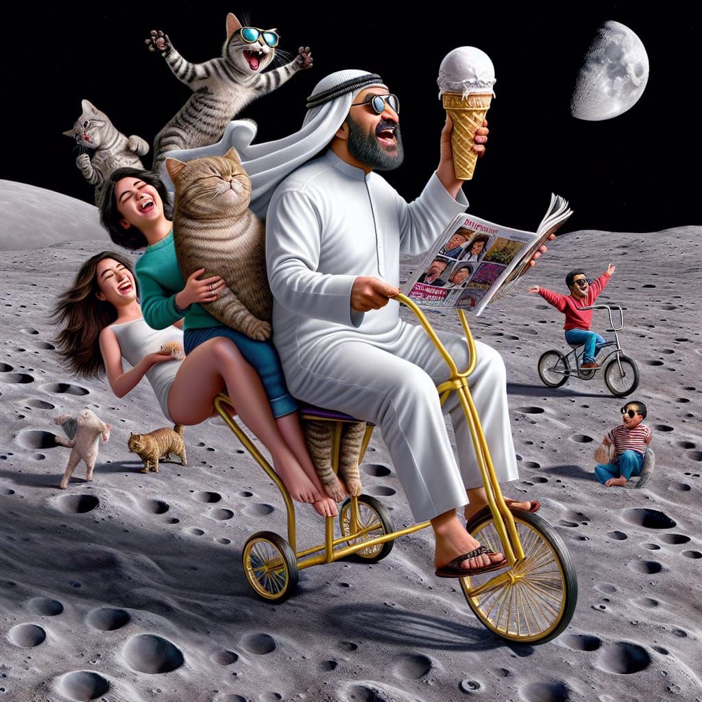 Humorous Lunar Journey in Hyperrealistic Style