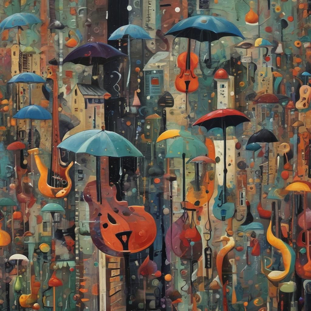 Abstract Surreal Rainy Jazz Scene in Color