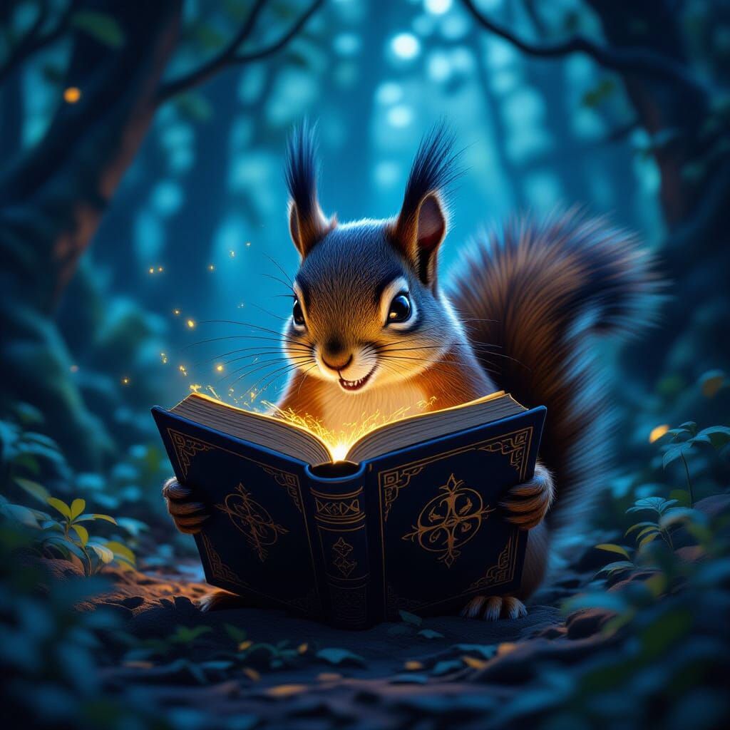 Squirrel Opens Book in Dark Fantasy Style
