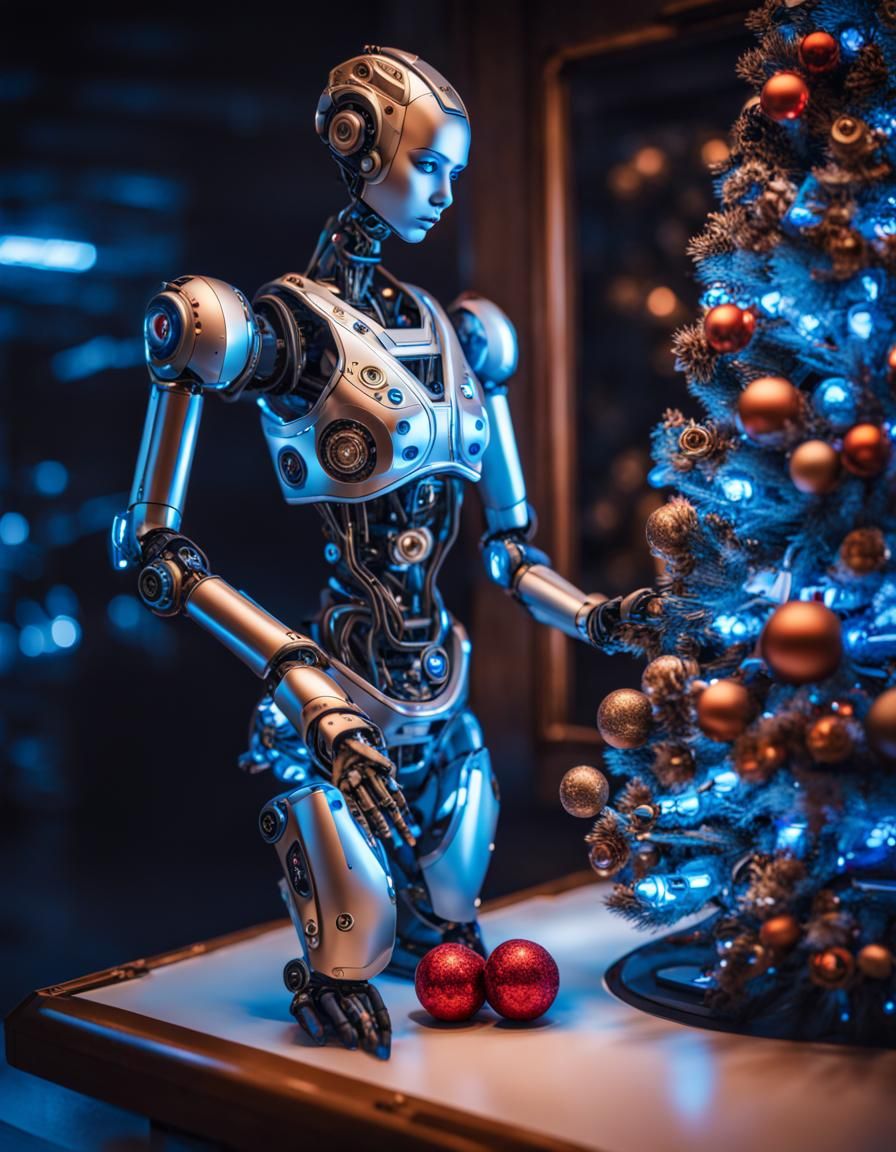 Robot Woman Decorating a Mechanical Christmas Tree