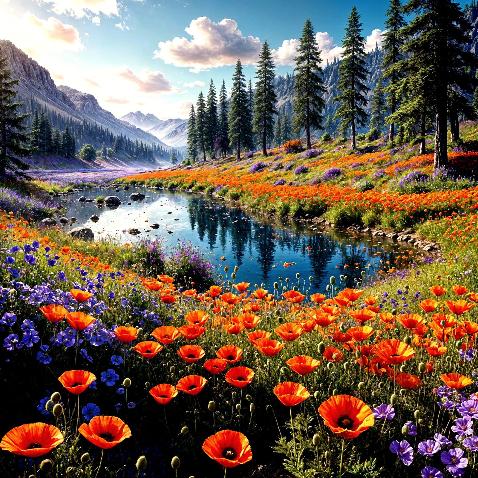 Vibrant Poppies in Fantastical Landscapes with Intricate Det...