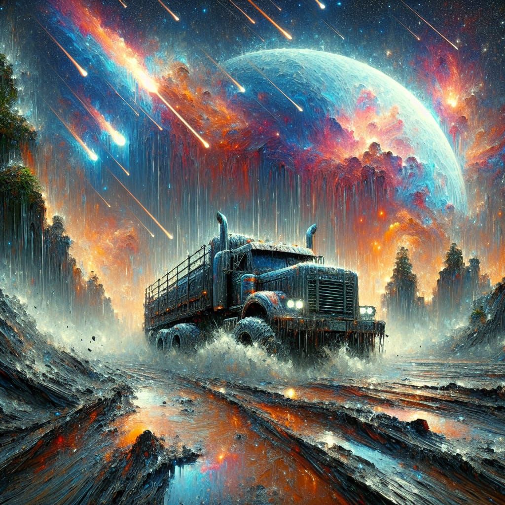Truck Driving Through Rain and Meteors as Matte Painting