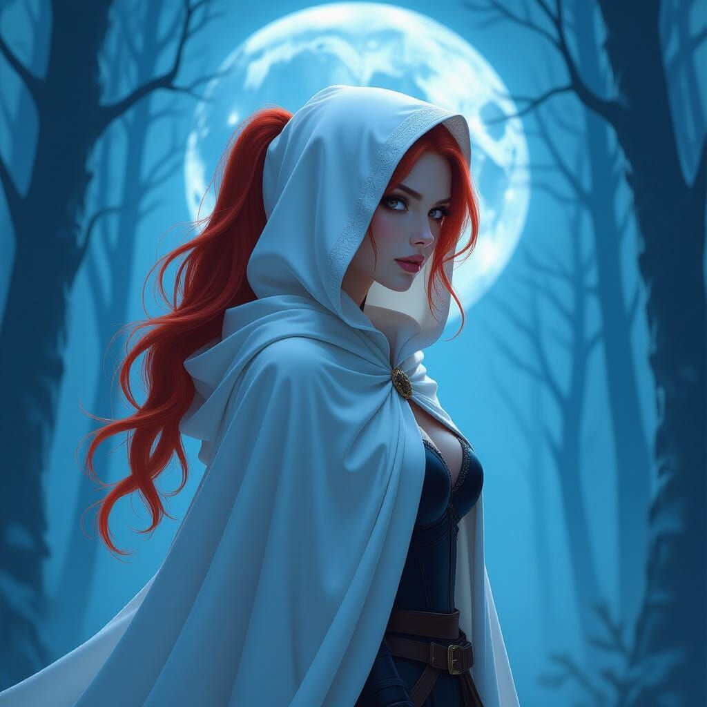 Red Haired Woman in Moonlit Forest