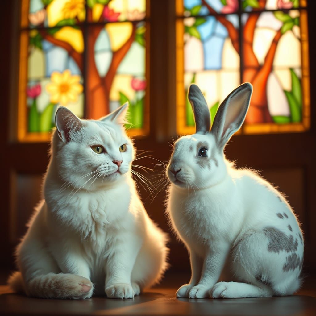 Serene White Cat and Rabbit in Spring Stained Glass Light