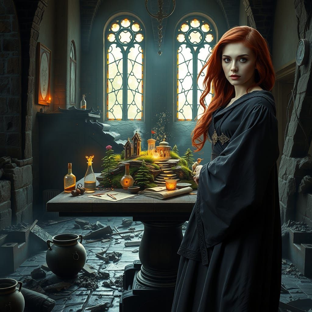 Enchanting Female Mage Discovering a Miniature World