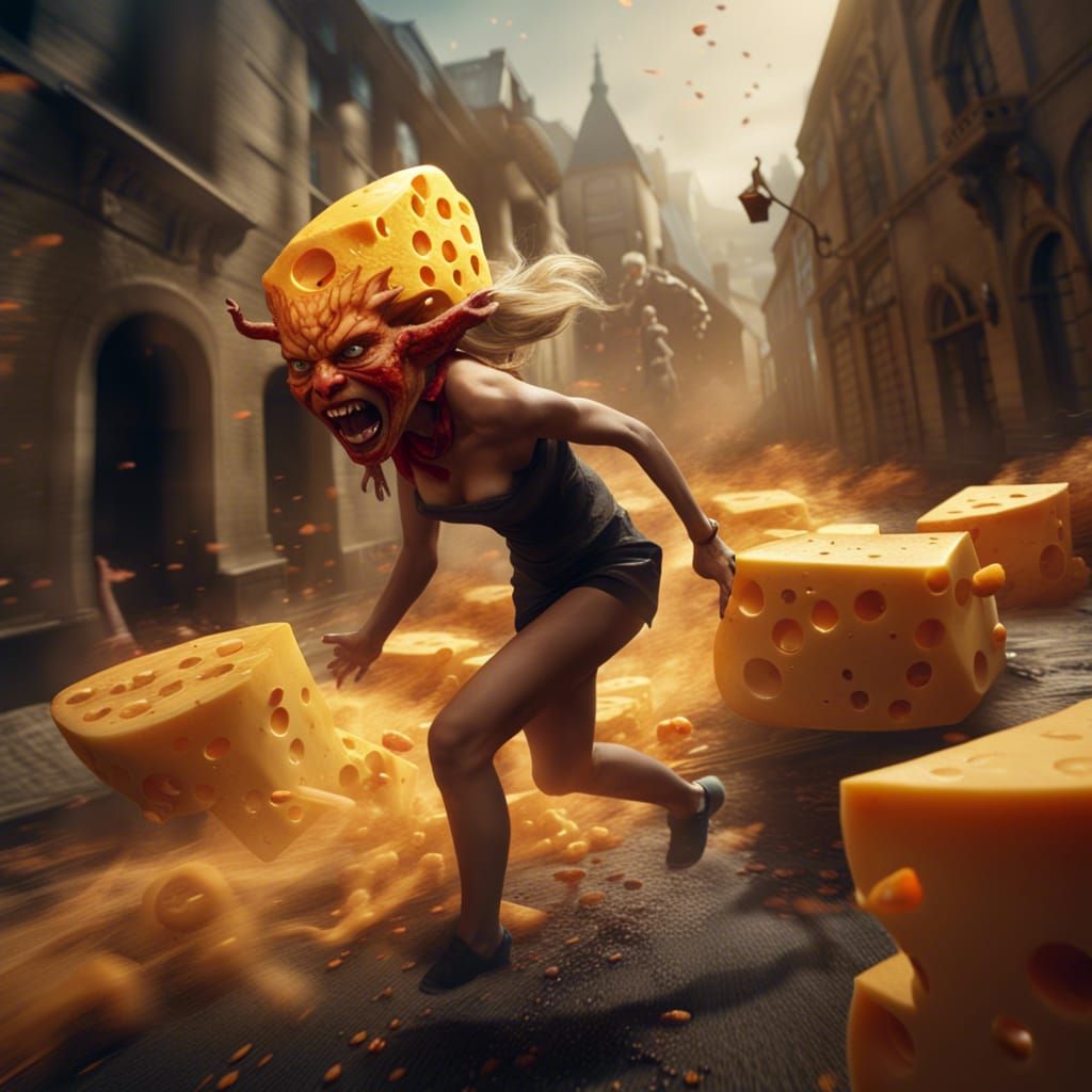 Woman Chased by Cheese Demon: Fantasy Concept Art