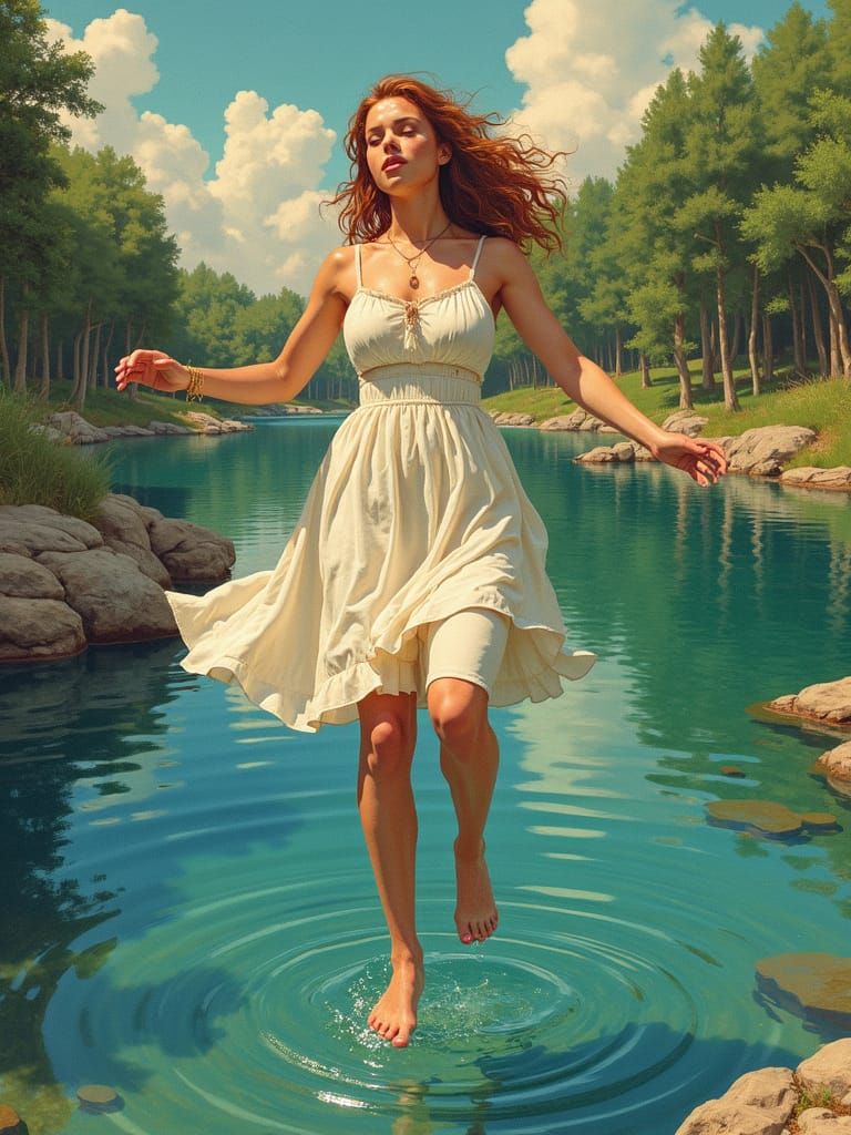 Voluptuous Woman Jumping into Lake: Comic Book Art