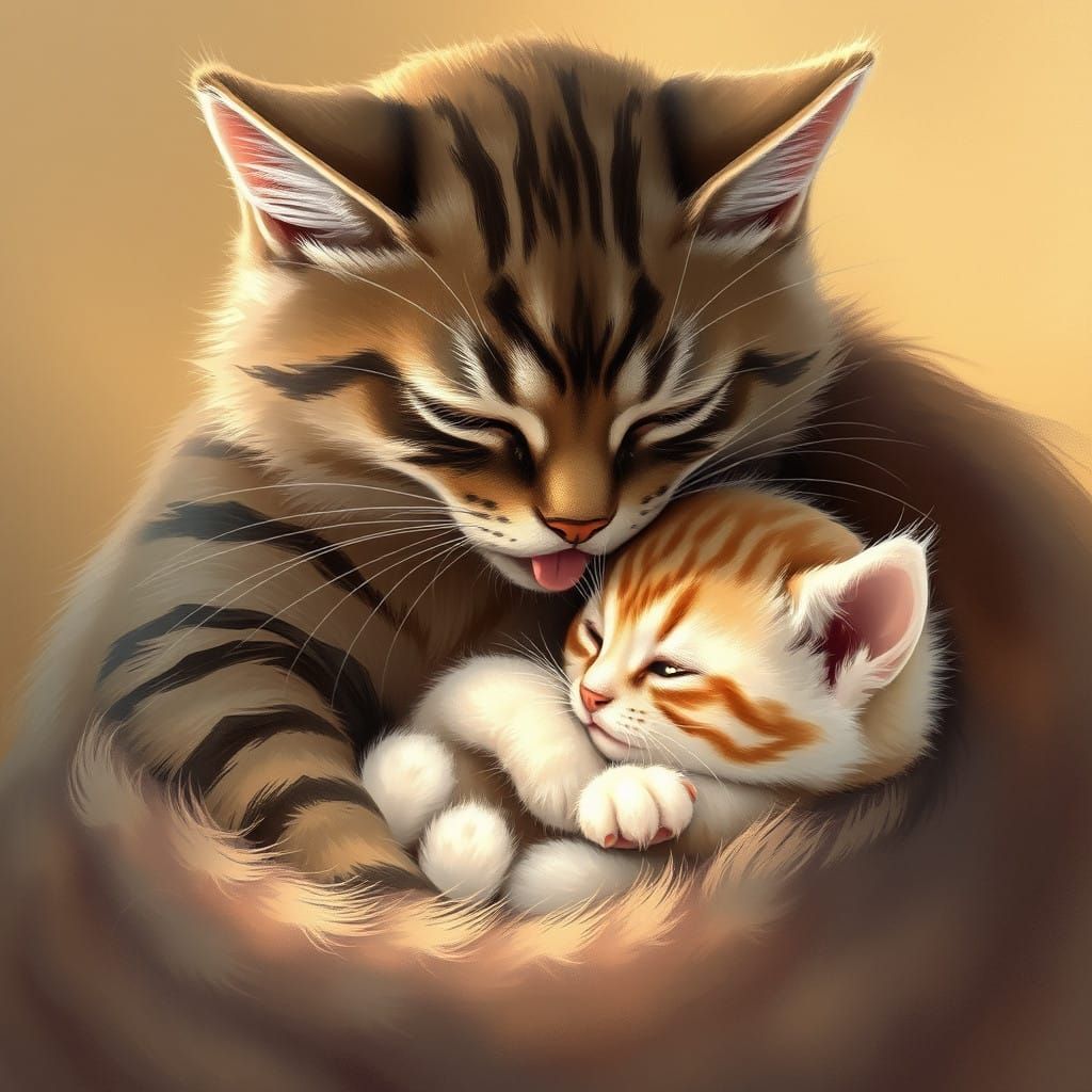 Mother Cat Tenderly Grooms Her Kitten in a Cozy Golden Light