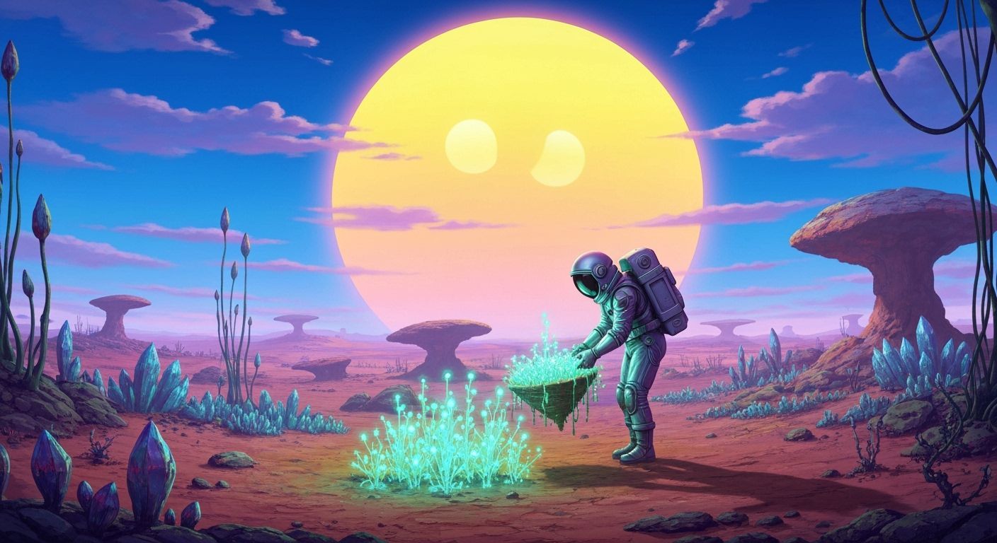 Astronaut Harvests Glowing Alien Crops on Twin-Sun Planet