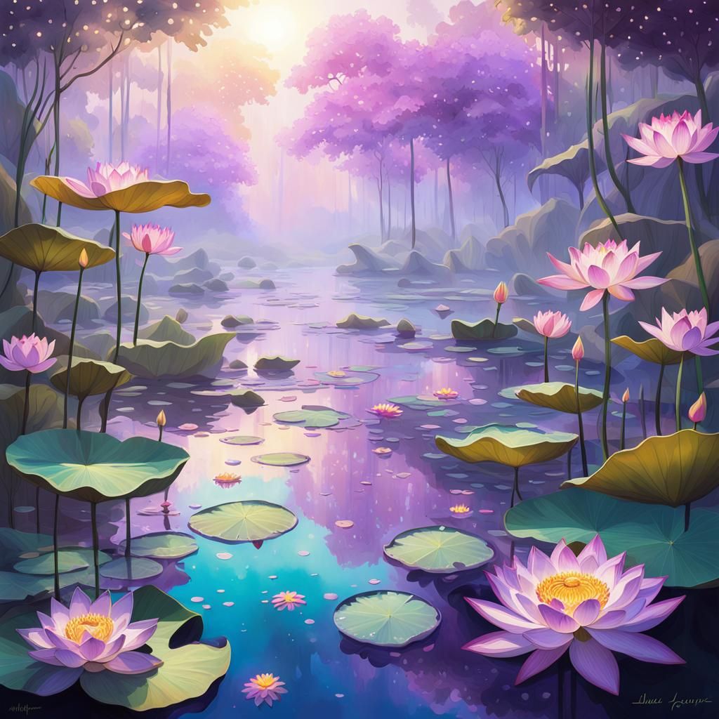 Vibrant Lotus Flowers in Dreamlike Digital Painting