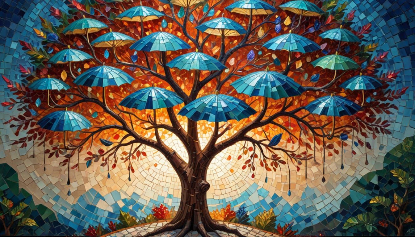 Gemstone Mosaic Tree with Umbrellas: Impressionist Oil Paint...