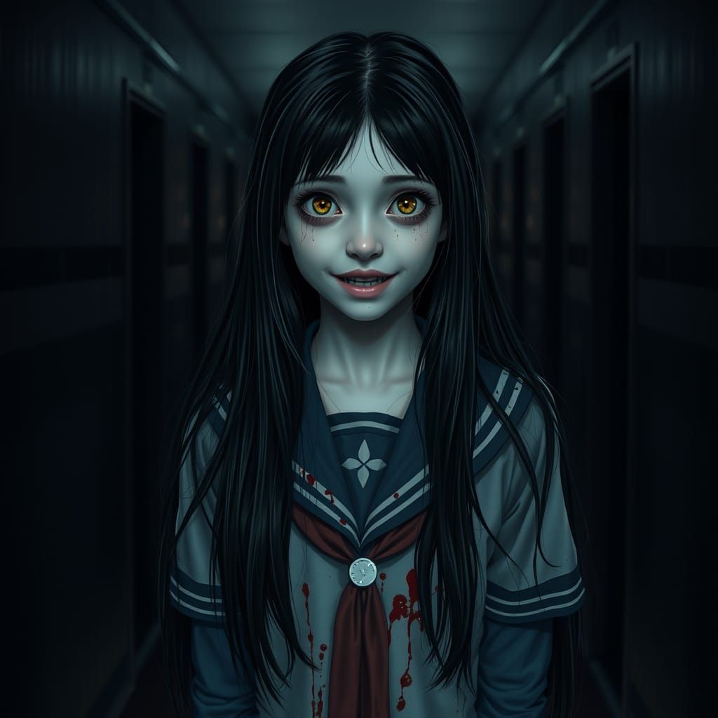 Eerie Girl in a Dark Corridor, Inspired by Horror Art