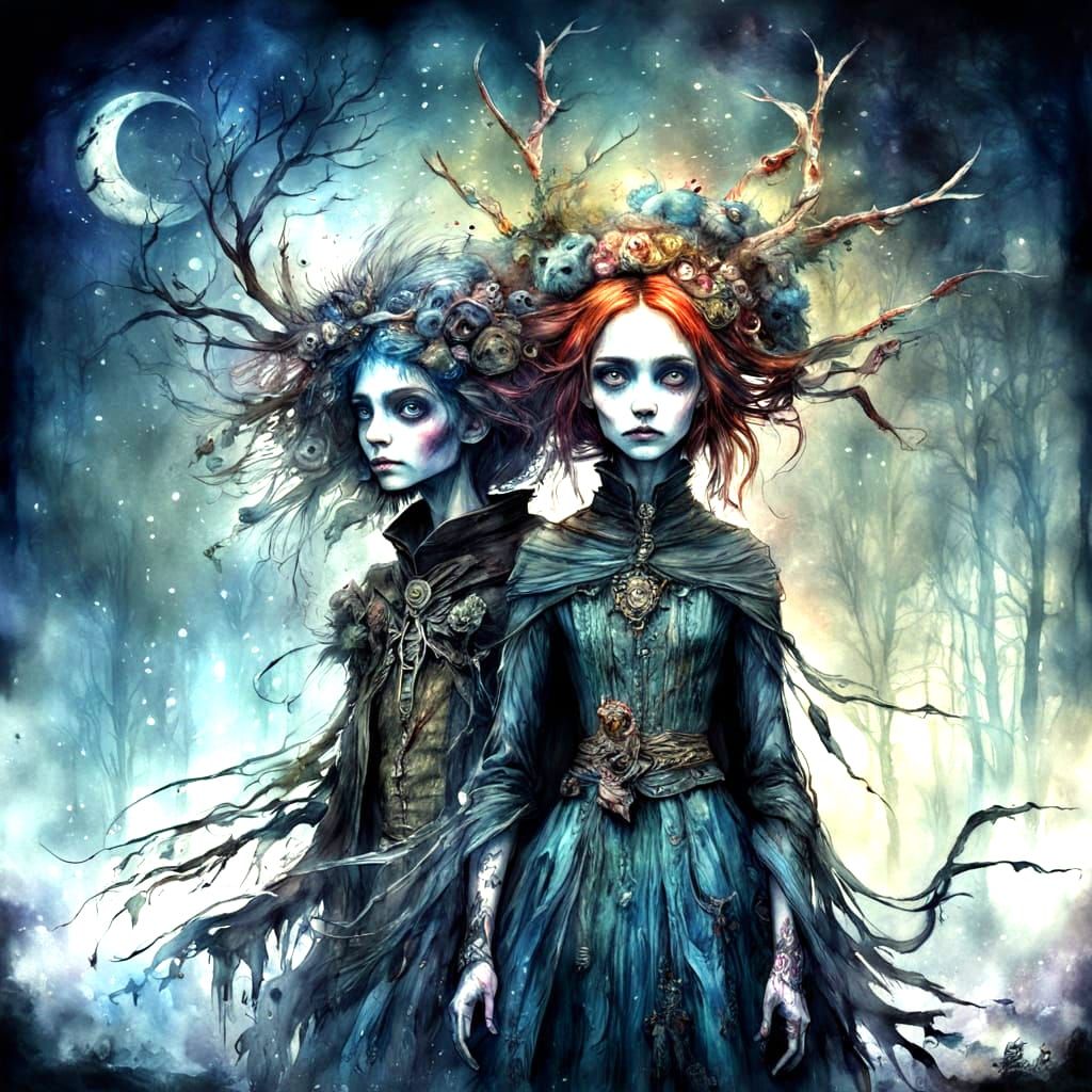 Gothic Winter Figures in Watercolour Style