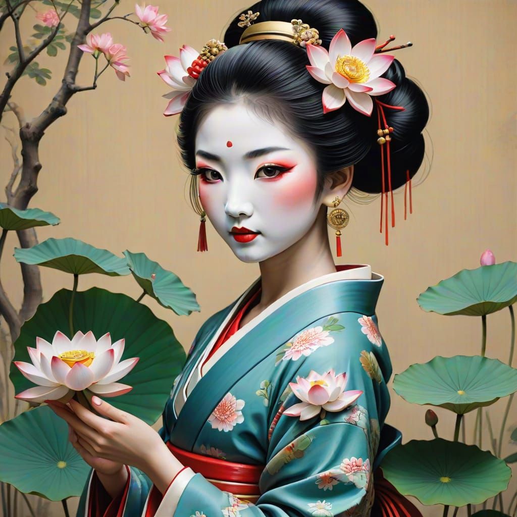 Geisha with Lotus Blossom: Digital Masterpiece