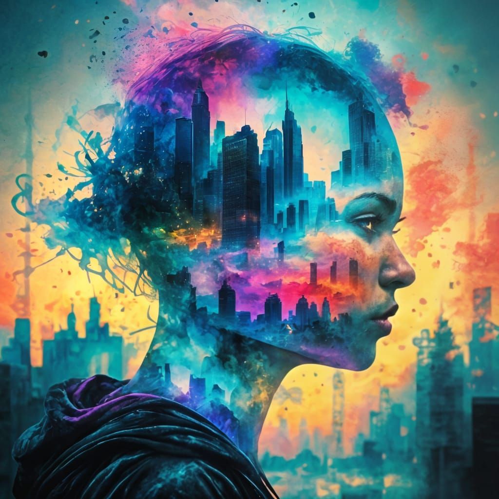 Hyperrealistic Double Exposure: City and Face in Splash Art