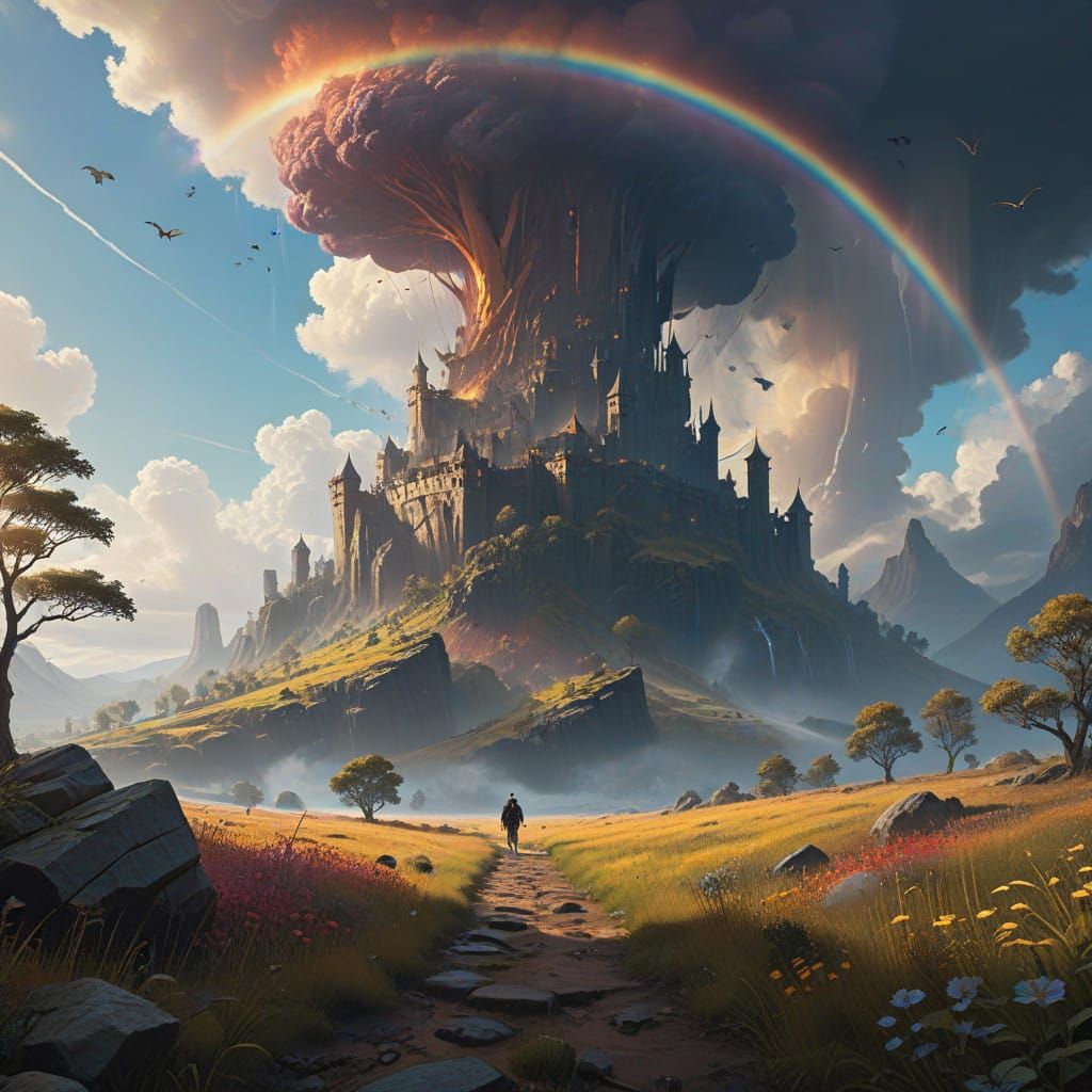 Ethereal Rainbow Landscape in Romantic-Era Style