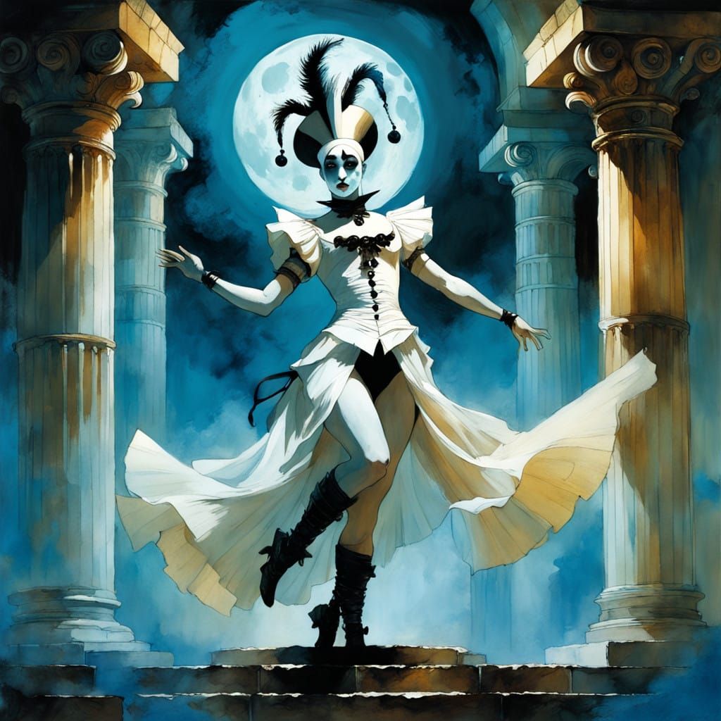 Ethereal Pierrot Dances Under Moonlit Columns