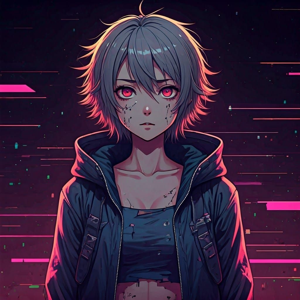 Distressed Cyberpunk Anime Girl in Dark Dreamscape