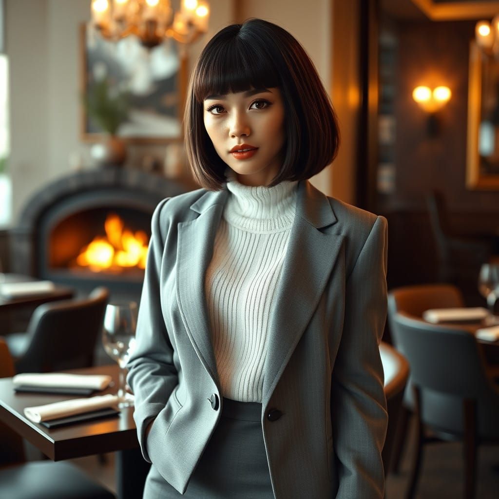 Elegant Woman Amidst Warm Fireplace Glow