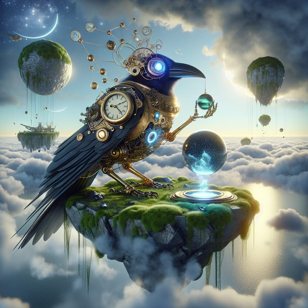 Steampunk Crow on Celestial Island Basks in Twin Suns' Glow