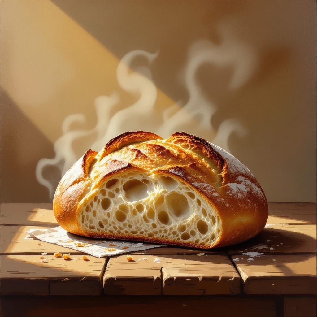 Steaming Loaf of Bread on Rustic Table
