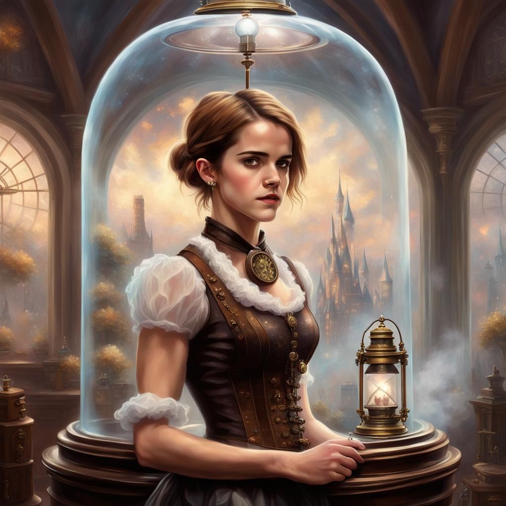 Steampunk Woman Under Glass in Ethereal Mist