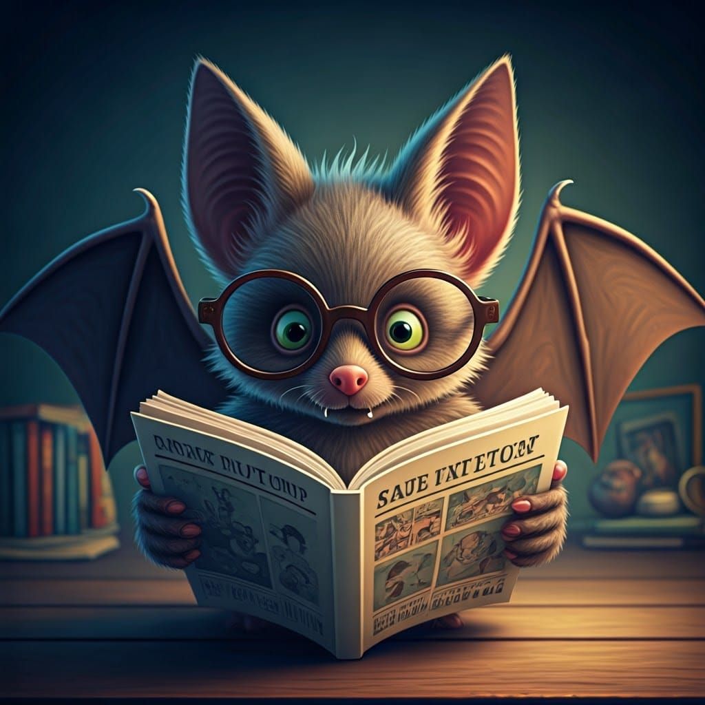 Whimsical Cartoon Bat Reads Comic Book
