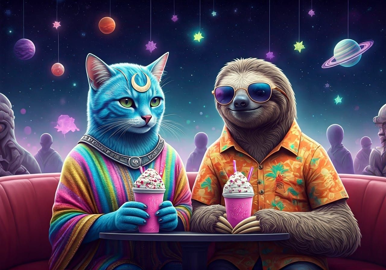 Whimsical NightCafé Scene with Celestial Aliens