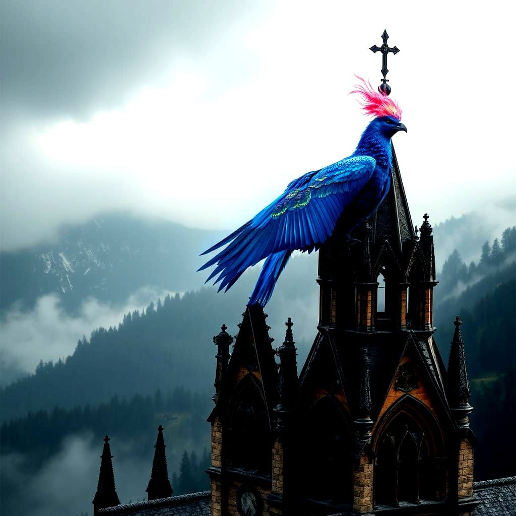 Blue Flame Phoenix Perched on Gothic Tower