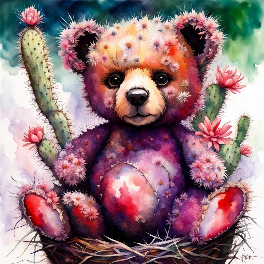 Punk Teddy Bear in Watercolor Cactus Still Life