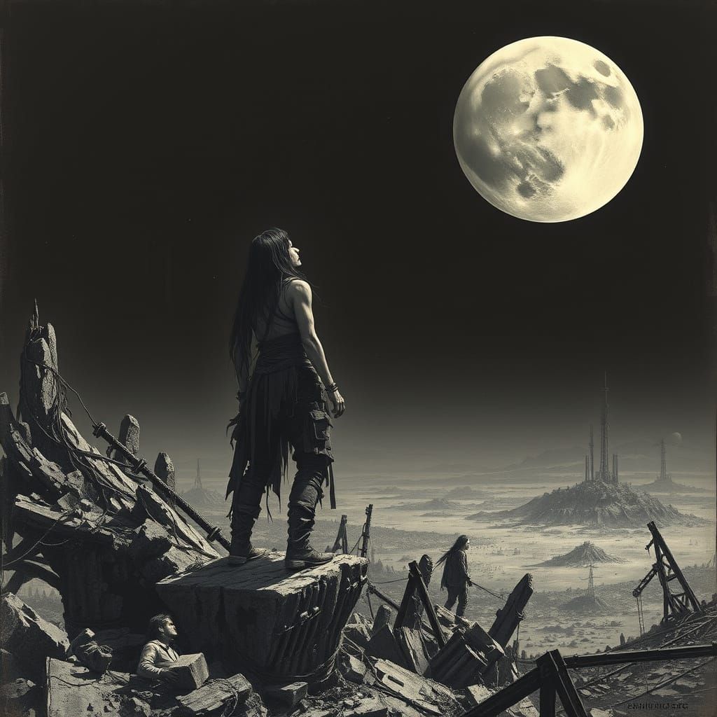 Humans Admire the Serenity of Moon Amidst Earth's Ruins