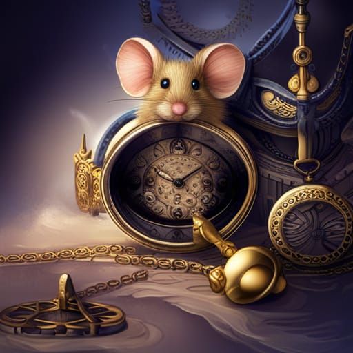 Mouse and Pocket Watch in Detailed Matte Painting Style