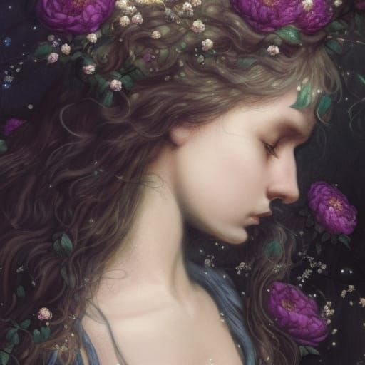 Sad face girl, wavy hair, babies breath wreath in hair, sparkly lights in hair, Thalia Stanton, peonies, roses Arthur Ra...