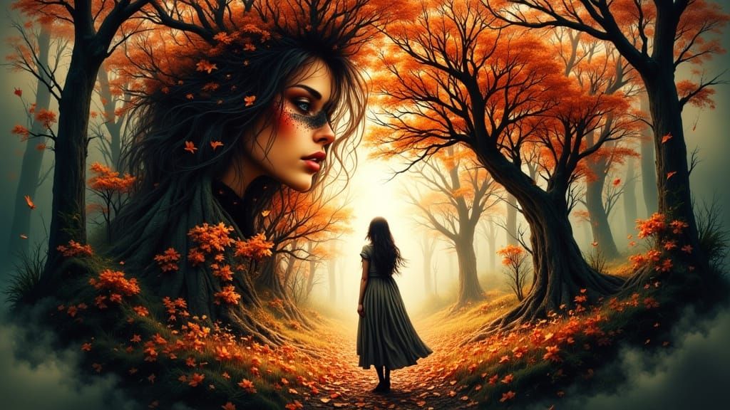 Autumn Double Exposure: Woman, Nature, and Deer