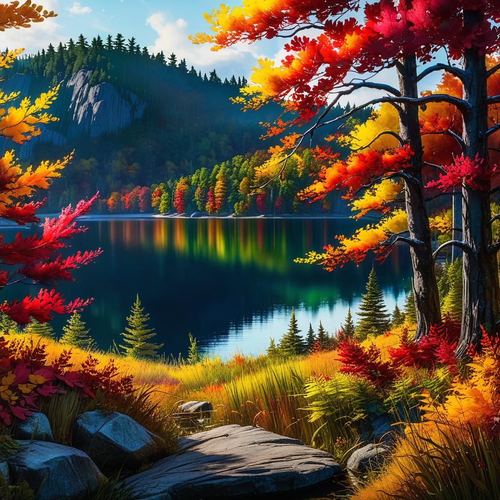 Vermont Lake Autumn Scenery in Alcohol Ink Style