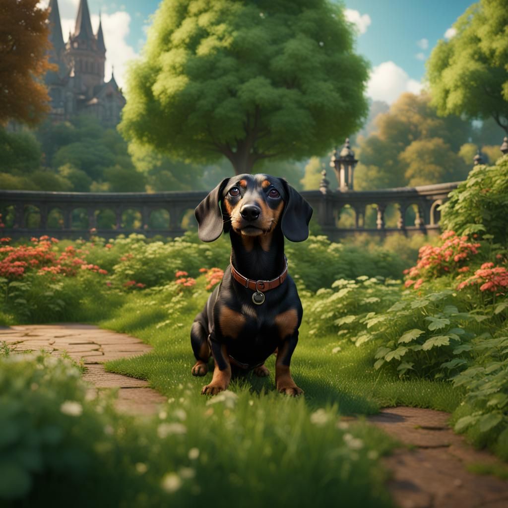 Dachshund in Lush Park: Detailed Matte Painting