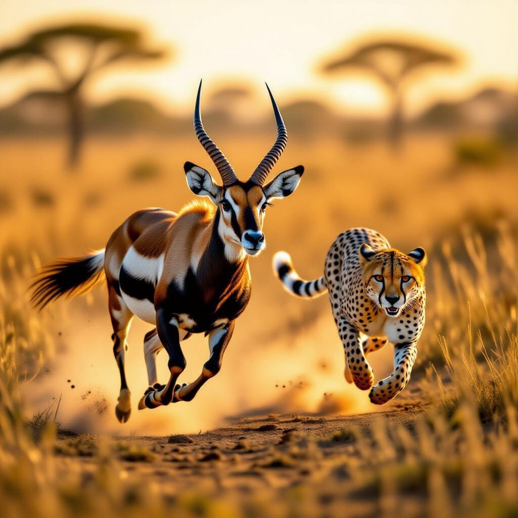 Roan Antelope Flees Cheetah on Savannah at Golden Hour