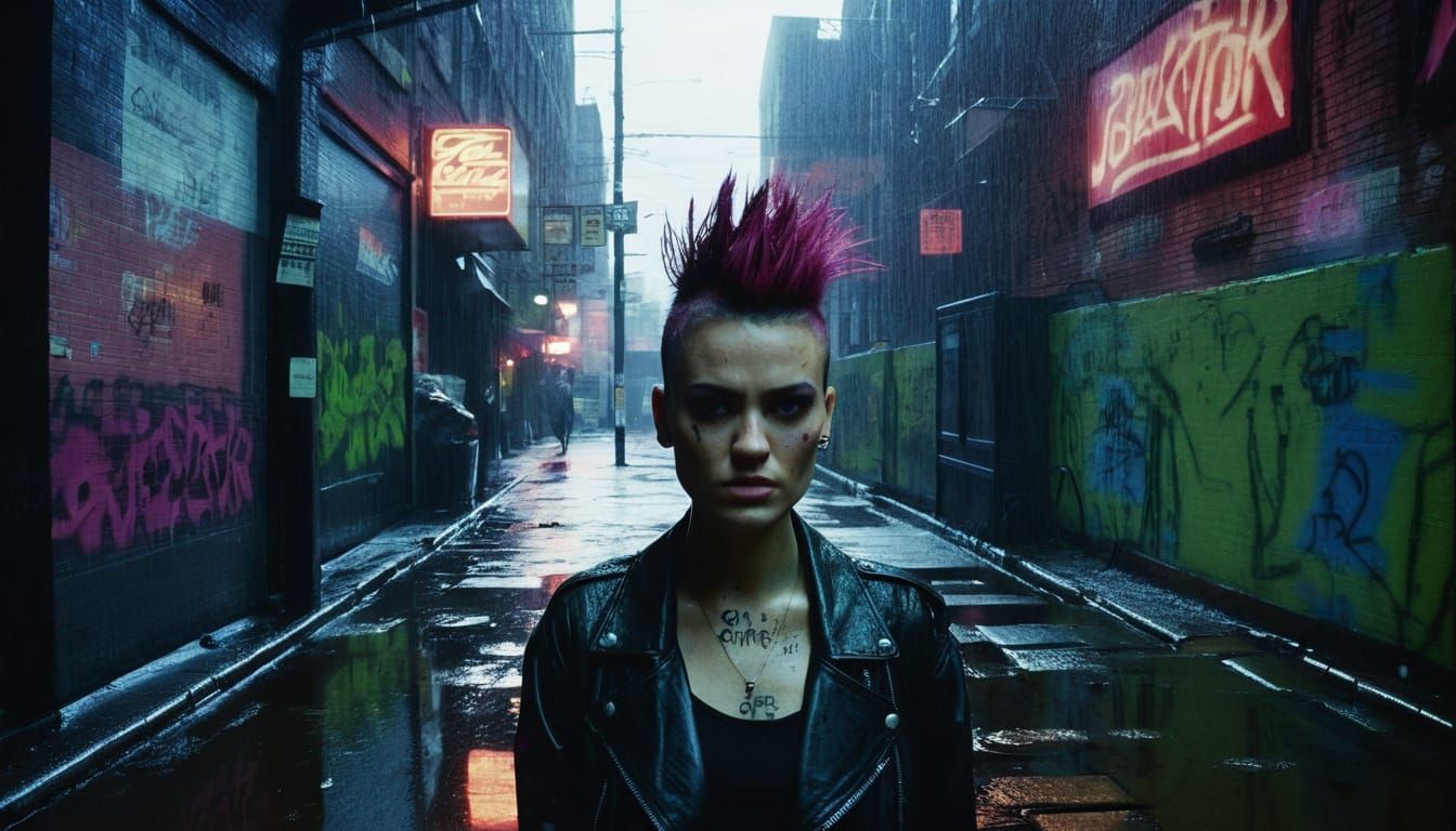 Rebellious Young Woman in Rain-Soaked Alleyway