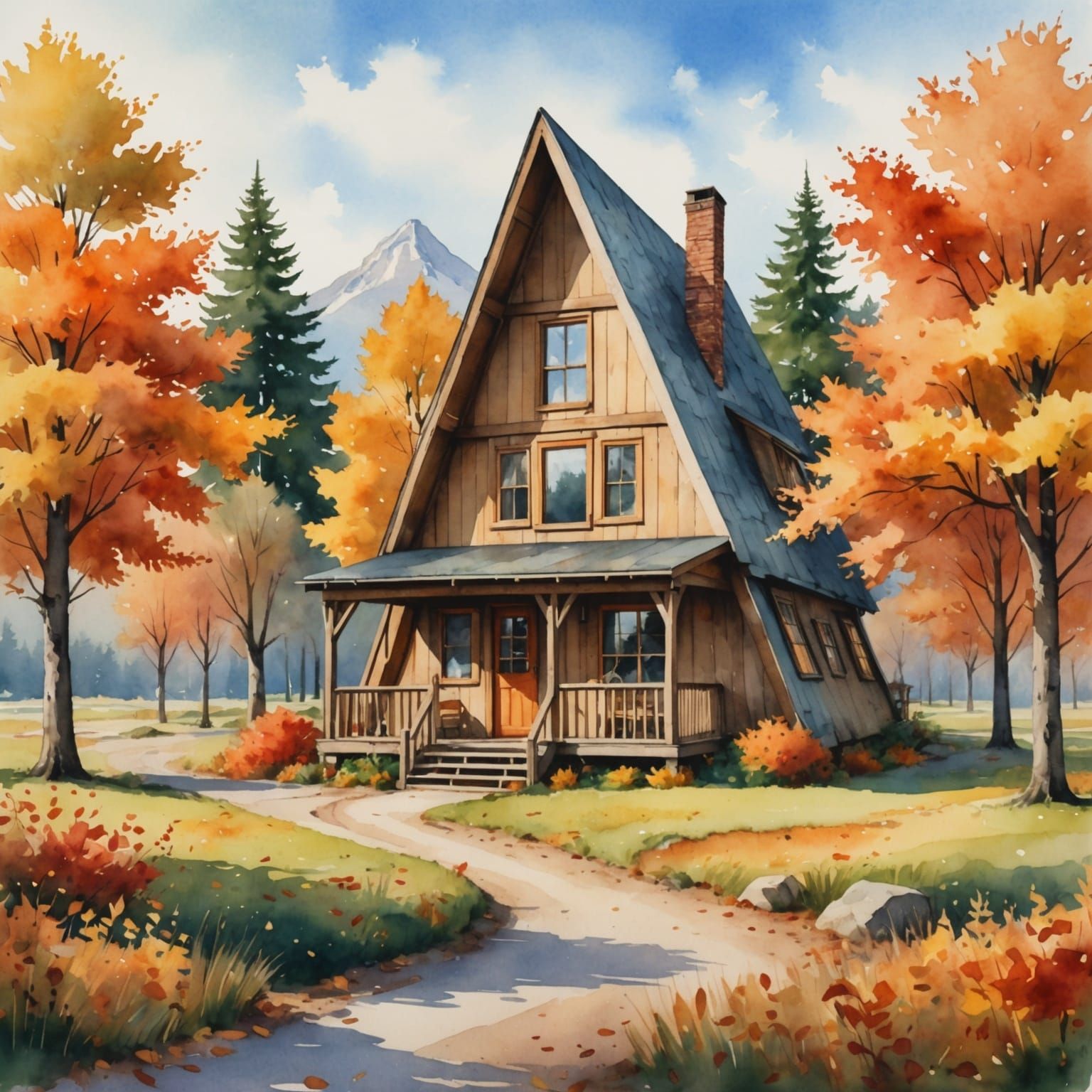 A-Frame Cabin in Autumn Watercolor Landscape