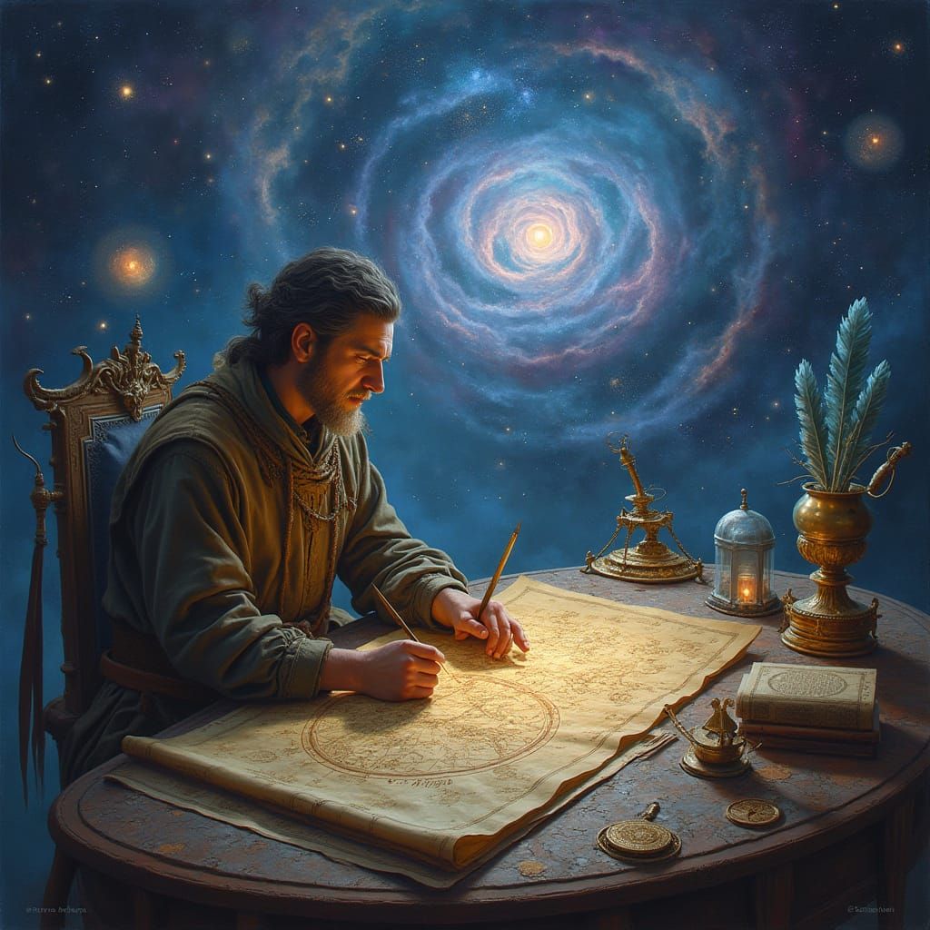 Celestial Cartographer in Swirling Nebula, Art Nouveau Style