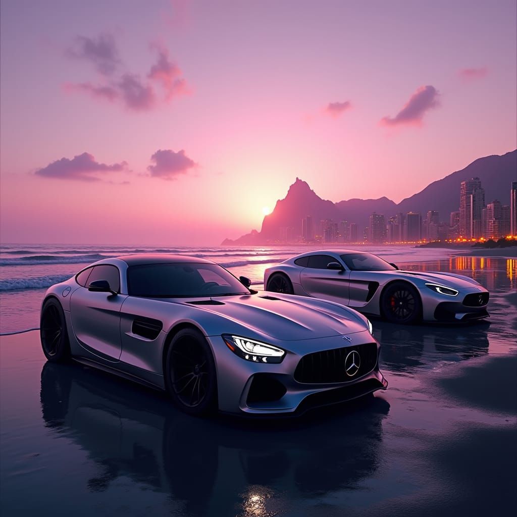 Luxury Cars on Beach with Purple Cityscape
